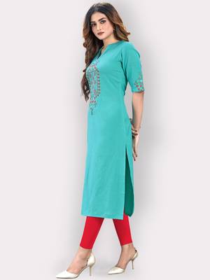 Women'S Embroidered/Hand Work Straight Cotton Sky Blue Kurti 4