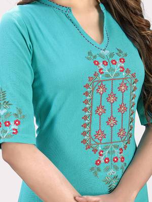 Women'S Embroidered/Hand Work Straight Cotton Sky Blue Kurti 5
