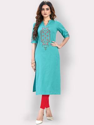 Women'S Embroidered/Hand Work Straight Cotton Sky Blue Kurti 6