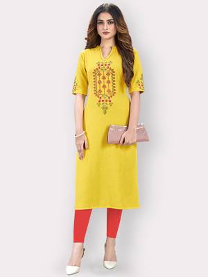 Women'S Embroidered Straight Cotton Yellow Kurti 1