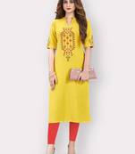 Women'S Embroidered Straight Cotton Yellow Kurti