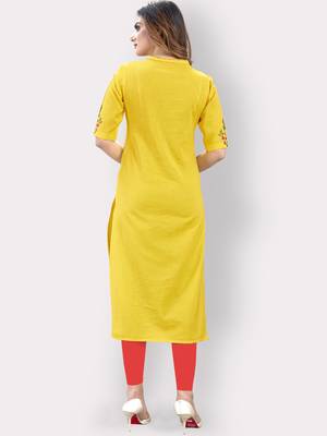 Women'S Embroidered Straight Cotton Yellow Kurti 2