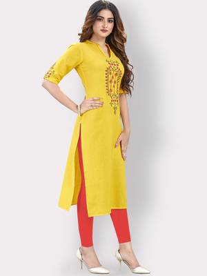 Women'S Embroidered Straight Cotton Yellow Kurti 3