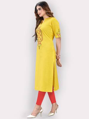 Women'S Embroidered Straight Cotton Yellow Kurti 4