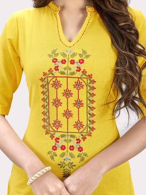 Women'S Embroidered Straight Cotton Yellow Kurti 5