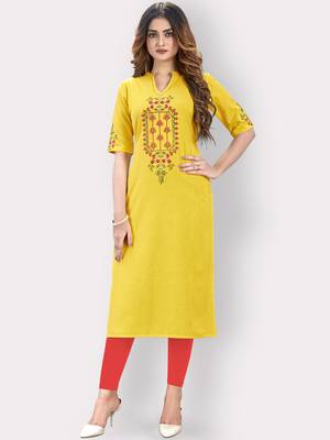Women'S Embroidered Straight Cotton Yellow Kurti 6