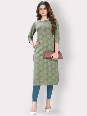Women'S Printed Straight Cotton Olive Green Kurti 1