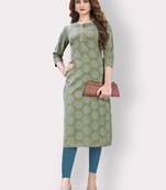 Women'S Printed Straight Cotton Olive Green Kurti