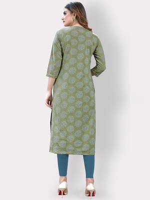 Women'S Printed Straight Cotton Olive Green Kurti 2