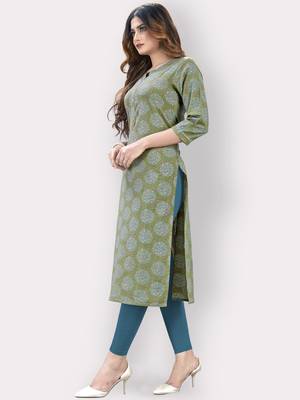Women'S Printed Straight Cotton Olive Green Kurti 3