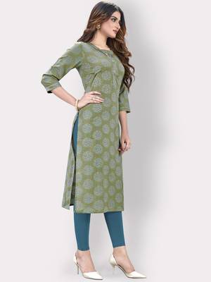 Women'S Printed Straight Cotton Olive Green Kurti 4