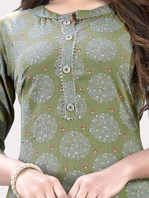 Women'S Printed Straight Cotton Olive Green Kurti 5