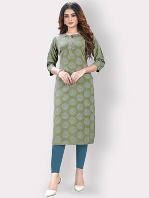 Women'S Printed Straight Cotton Olive Green Kurti 6