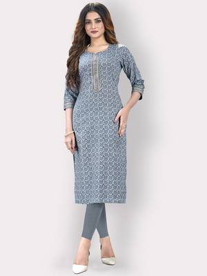 Women'S Floral Print & Embroidered Straight Cotton Blue Kurti 1