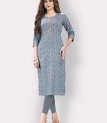 Women'S Floral Print & Embroidered Straight Cotton Blue Kurti
