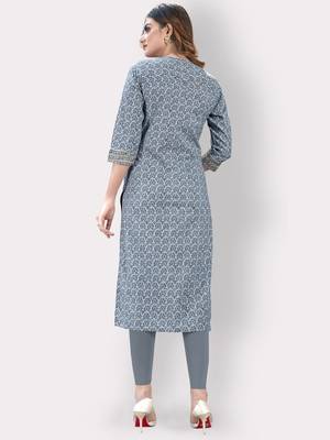 Women'S Floral Print & Embroidered Straight Cotton Blue Kurti 2