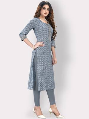 Women'S Floral Print & Embroidered Straight Cotton Blue Kurti 4