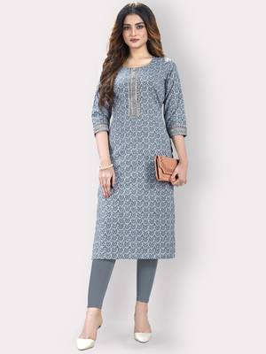Women'S Floral Print & Embroidered Straight Cotton Blue Kurti 6