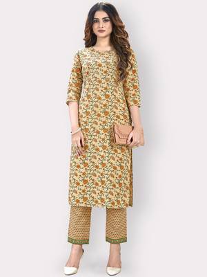 Women'S Printed & Embellished Work Straight Cotton Yellow Kurti With Pant Set 1