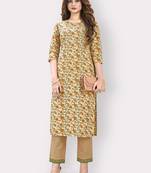 Women'S Printed & Embellished Work Straight Cotton Yellow Kurti With Pant Set