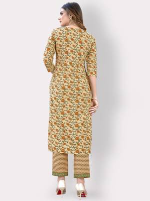 Women'S Printed & Embellished Work Straight Cotton Yellow Kurti With Pant Set 2