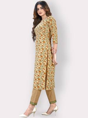 Women'S Printed & Embellished Work Straight Cotton Yellow Kurti With Pant Set 3