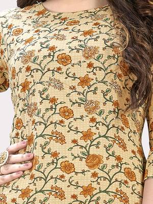 Women'S Printed & Embellished Work Straight Cotton Yellow Kurti With Pant Set 5