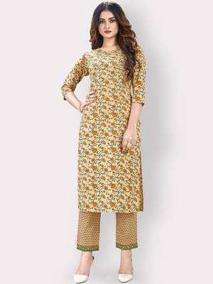 Women'S Printed & Embellished Work Straight Cotton Yellow Kurti With Pant Set 6
