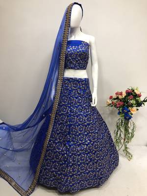 Royal-blue embroidered art silk semi stitched lehenga 4
