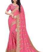 Pink embroidered silk blend saree with blouse