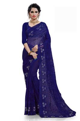 Navy blue embroidered net saree with blouse 1