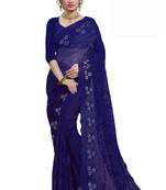 Navy blue embroidered net saree with blouse
