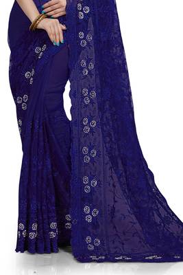 Navy blue embroidered net saree with blouse 2