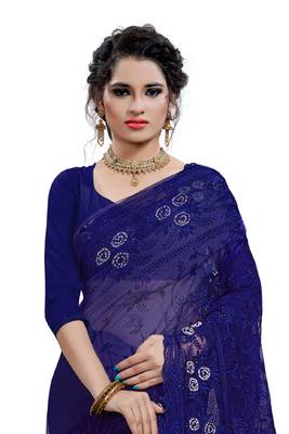 Navy blue embroidered net saree with blouse 3