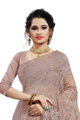 Beige embroidered net saree with blouse 3