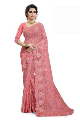 Peach embroidered net saree with blouse 1
