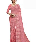 Peach embroidered net saree with blouse