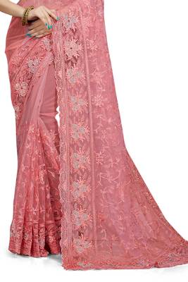 Peach embroidered net saree with blouse 2