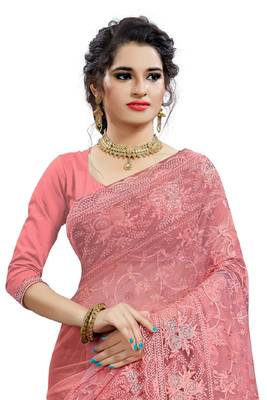 Peach embroidered net saree with blouse 3