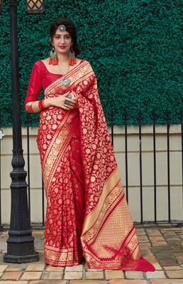 Red woven silk blend saree with blouse 1