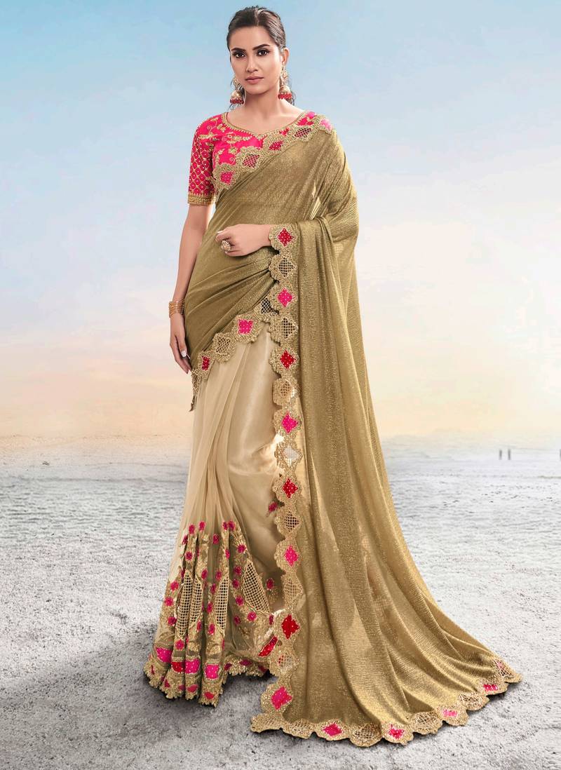 Chiku embroidered fancy fabric saree with blouse