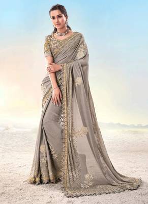 Chiku embroidered fancy fabric saree with blouse 1