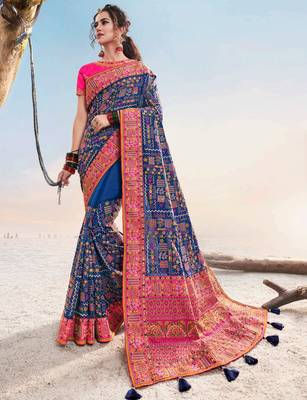 Blue embroidered silk saree with blouse 1