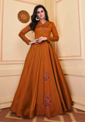 Mustard embroidered silk party-wear-kurtis 1