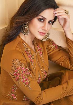 Mustard embroidered silk party-wear-kurtis 2