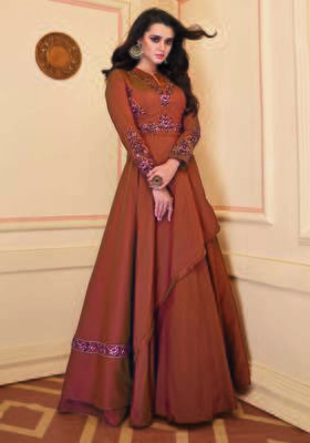 Orange embroidered silk party-wear-kurtis 1