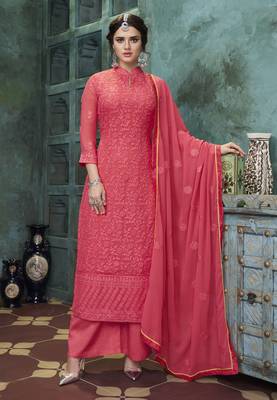 Red embroidered faux georgette salwar 1