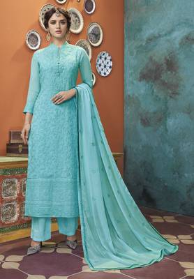 Sky-blue embroidered faux georgette salwar 1