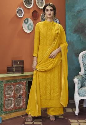 Yellow embroidered faux georgette salwar 1