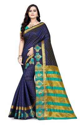 Navy blue printed cotton silk saree with blouse 1